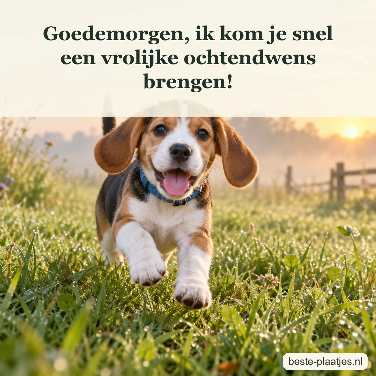 Een jonge hond rent enthousiast over het gras naar de camera.