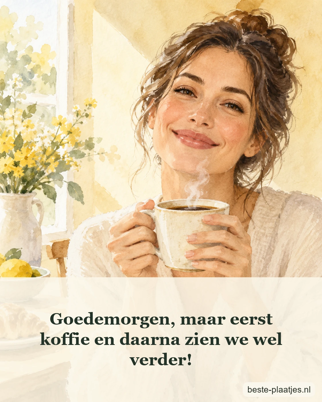 Een vrolijk getekend gezicht houdt een warme kop koffie vast.