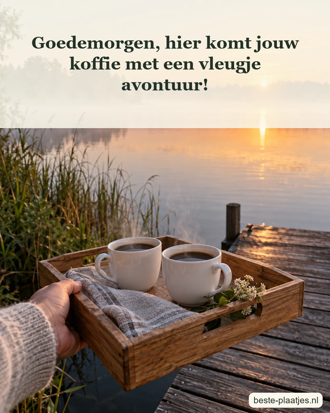 Een dienblad met koffiekopjes wordt boven het rustige water gehouden.