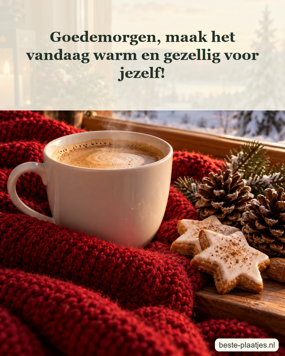 Een warme koffiekop staat bij sterkoekjes op een rood wollen kleed.