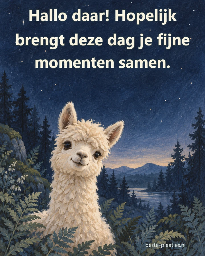 Een vriendelijke alpaca staat in een schemerig bos onder een sterrenhemel.
