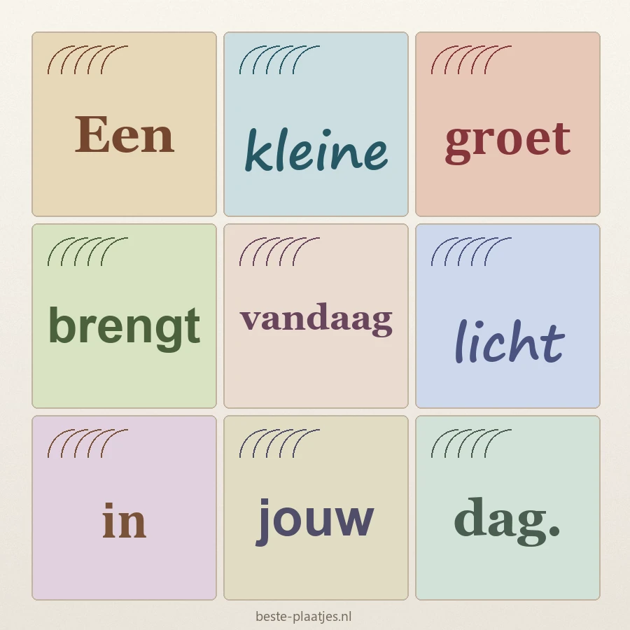 Negen kleine tegels tonen elk een ander woord in vrolijke materialen en kleuren.