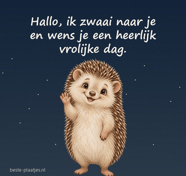 Een kleine egel zwaait in een warme avondgloed tegen een donkere achtergrond.