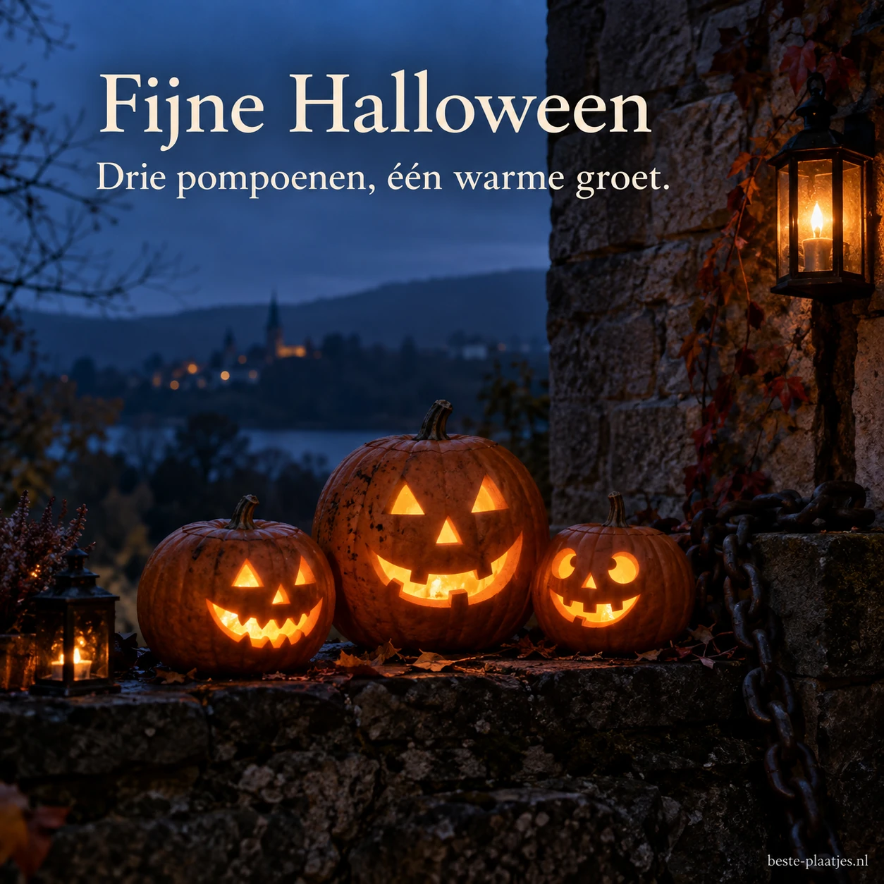 Drie verlichte pompoenen op een donkere muur zorgen voor een spannende Halloweensfeer.