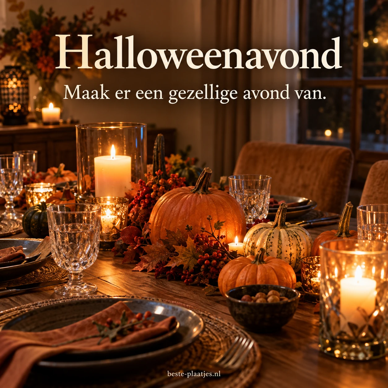 Pompoenen, kaarsen en glazen maken een tafel gezellig voor Halloween.