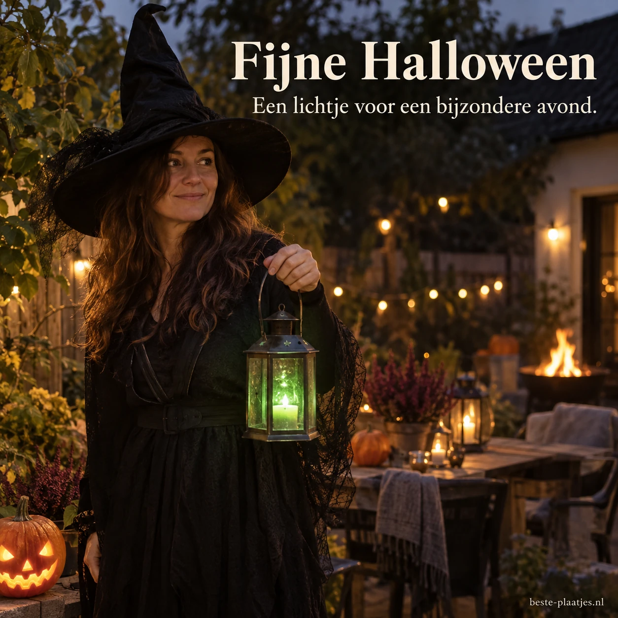 Een vrouw met een heksenhoed en een groene lantaarn brengt een sfeervolle Halloweengroet.