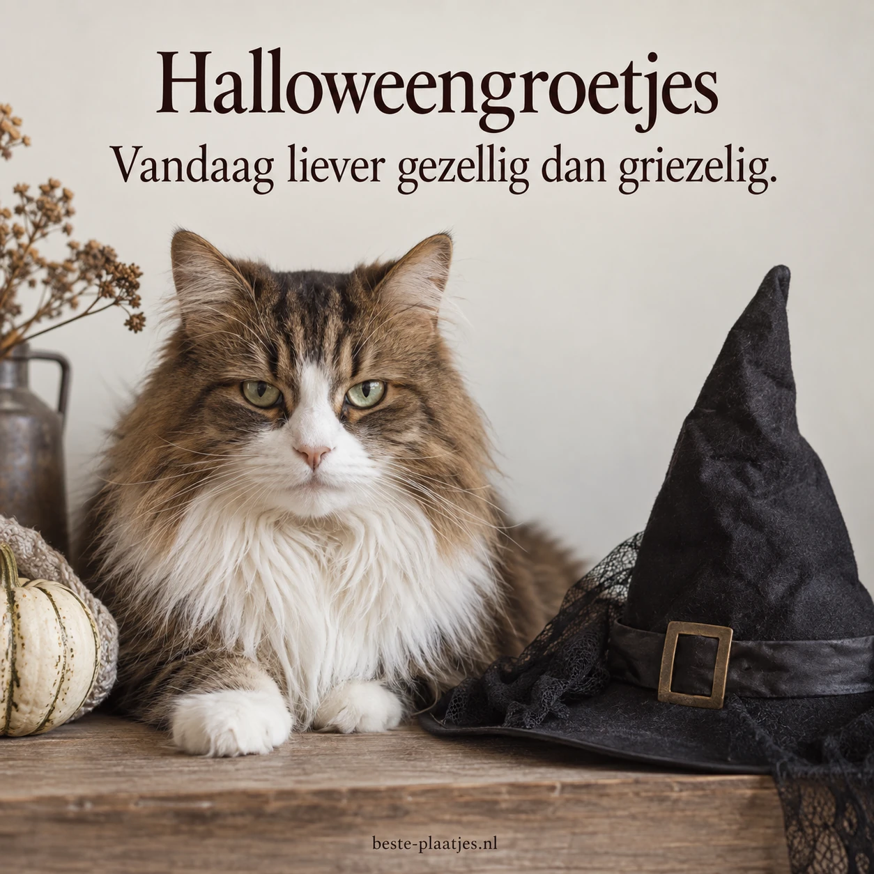 Een serieus kijkende kat naast een heksenhoed brengt een grappige Halloweengroet.