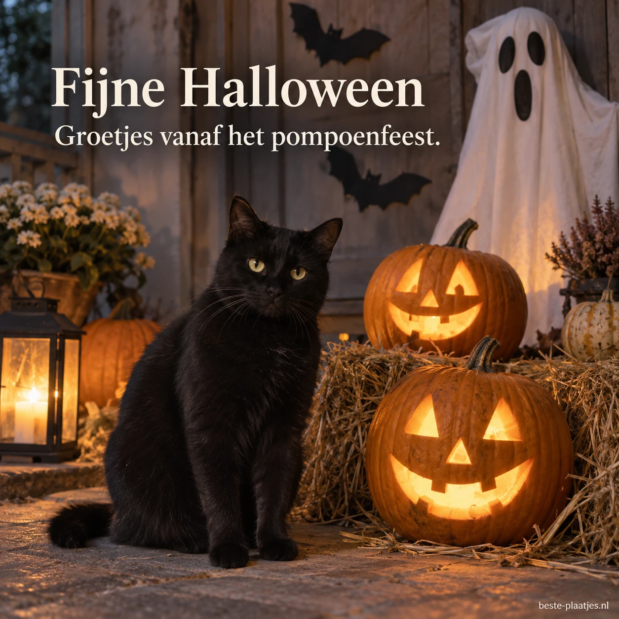 Een zwarte kat, pompoenen en hooibalen vormen een gezellige Halloweenhoek.
