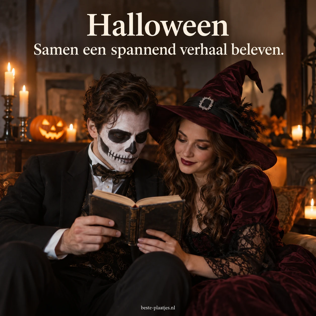 Twee mensen in Halloweenkostuums lezen samen een spannend verhaal.