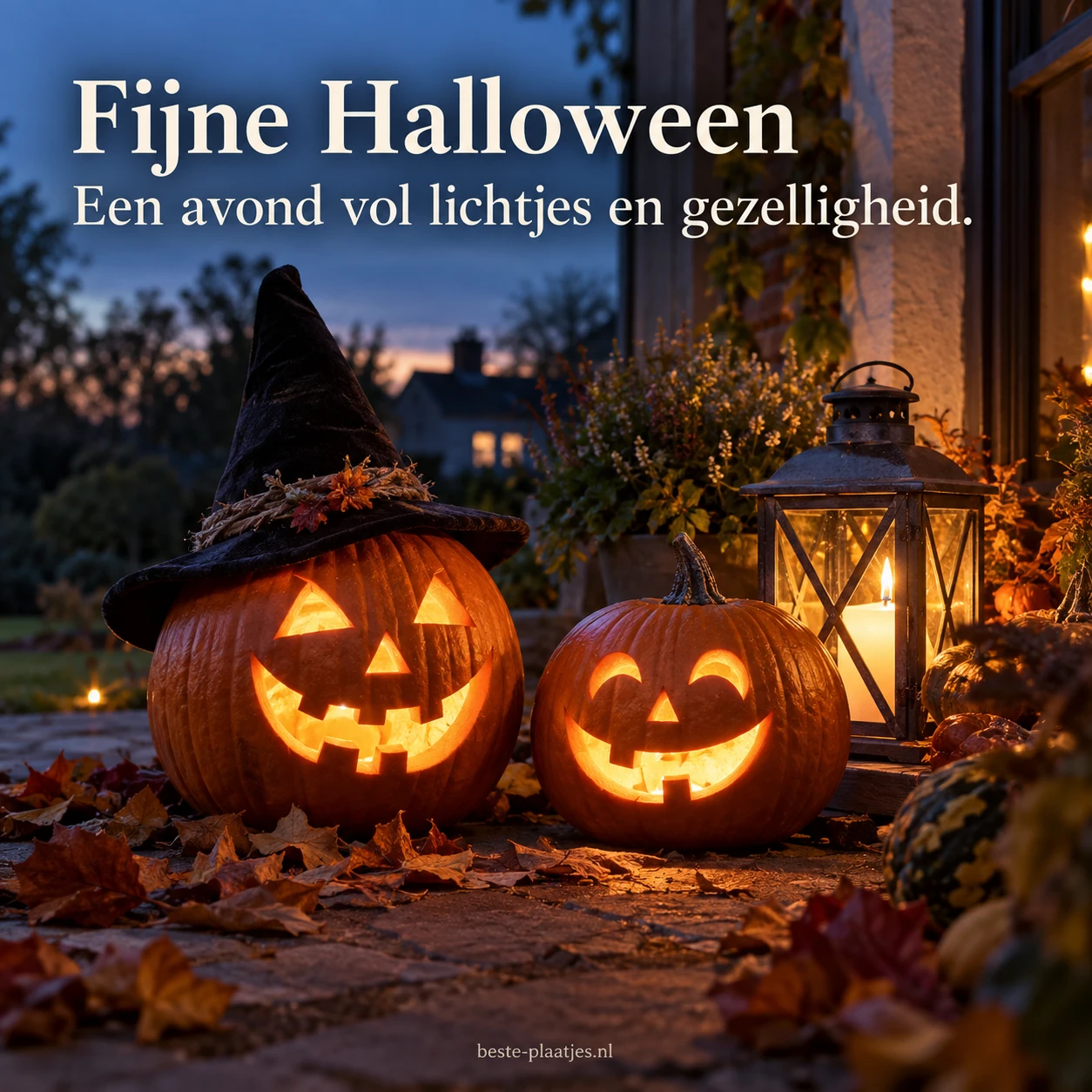 Verlichte pompoenen en een lantaarn brengen een warme Halloweensfeer.