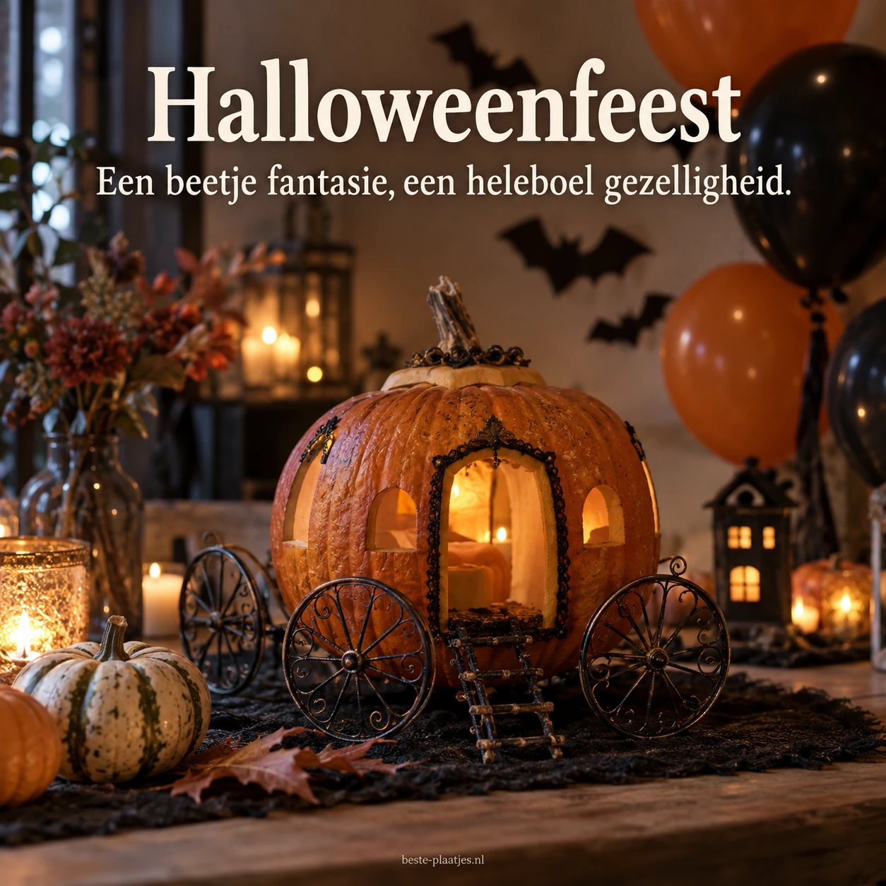 Een zelfgemaakte pompoenkoets met ballonnen en vleermuisdecoraties maakt Halloween feestelijk.