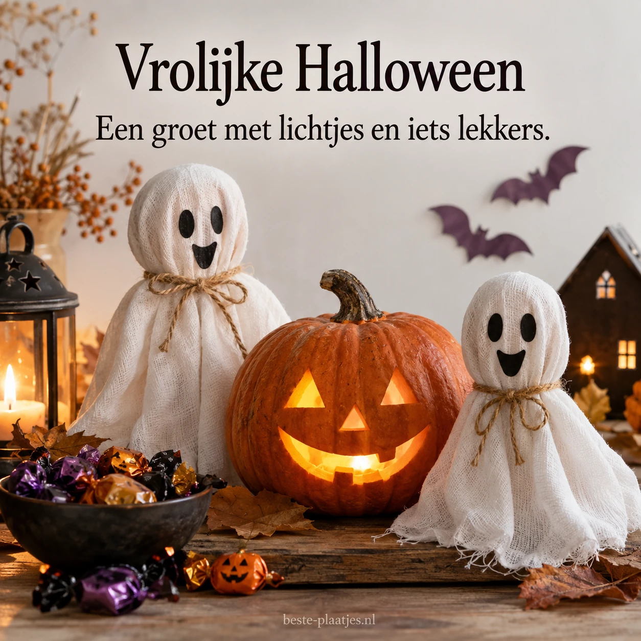 Spookdecoraties, een pompoen en snoepjes brengen een vrolijke Halloweengroet.