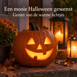 Een vriendelijk verlichte pompoen wenst je een gezellige Halloween.