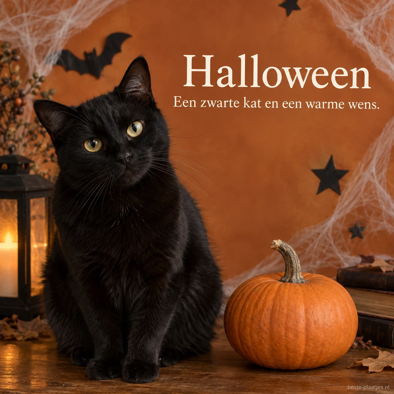 Een zwarte kat naast een pompoen brengt een rustige Halloweengroet.