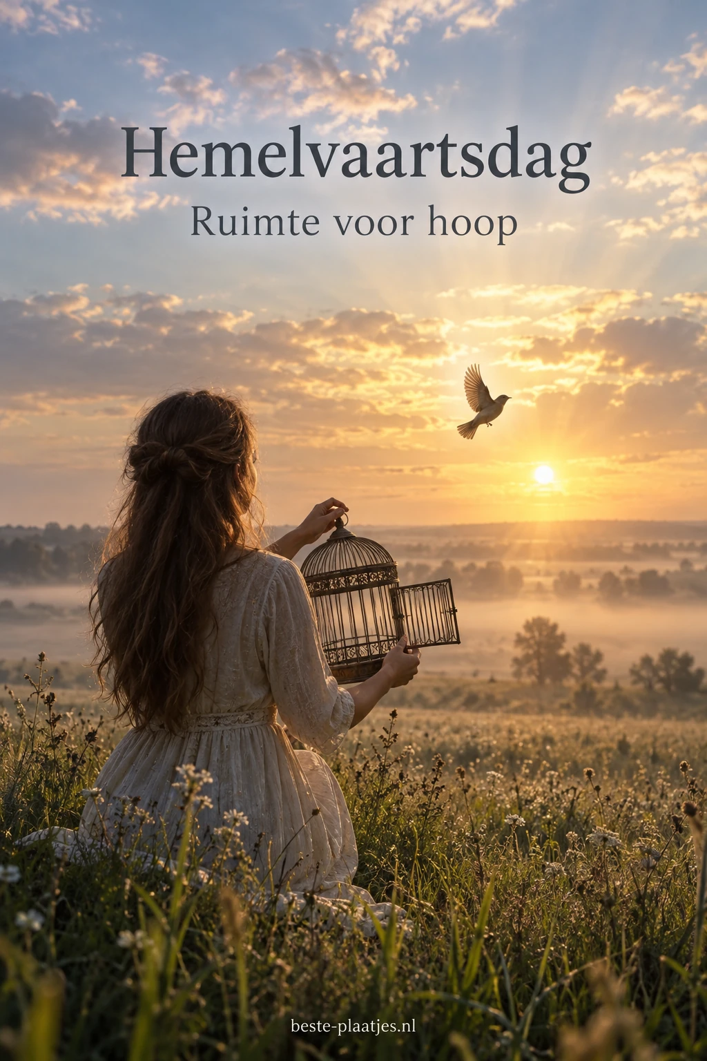 Een vrouw laat bij zonsopkomst een vogel uit een open kooi vliegen.