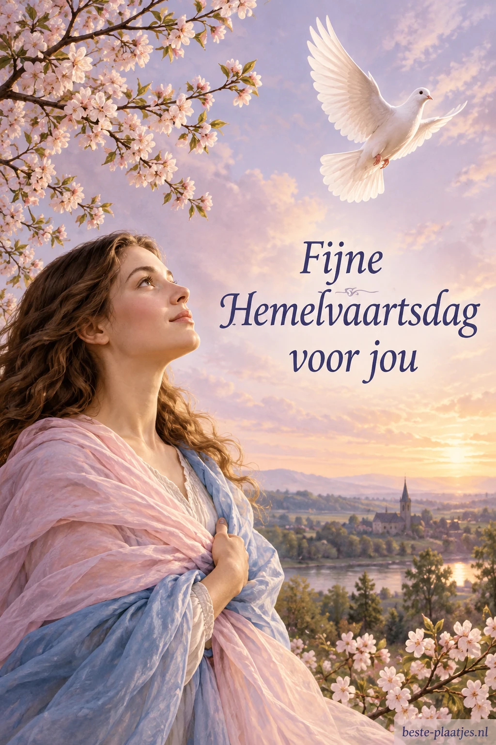 Een vrouw met een roze sjaal kijkt naar een witte duif onder bloeiende takken.