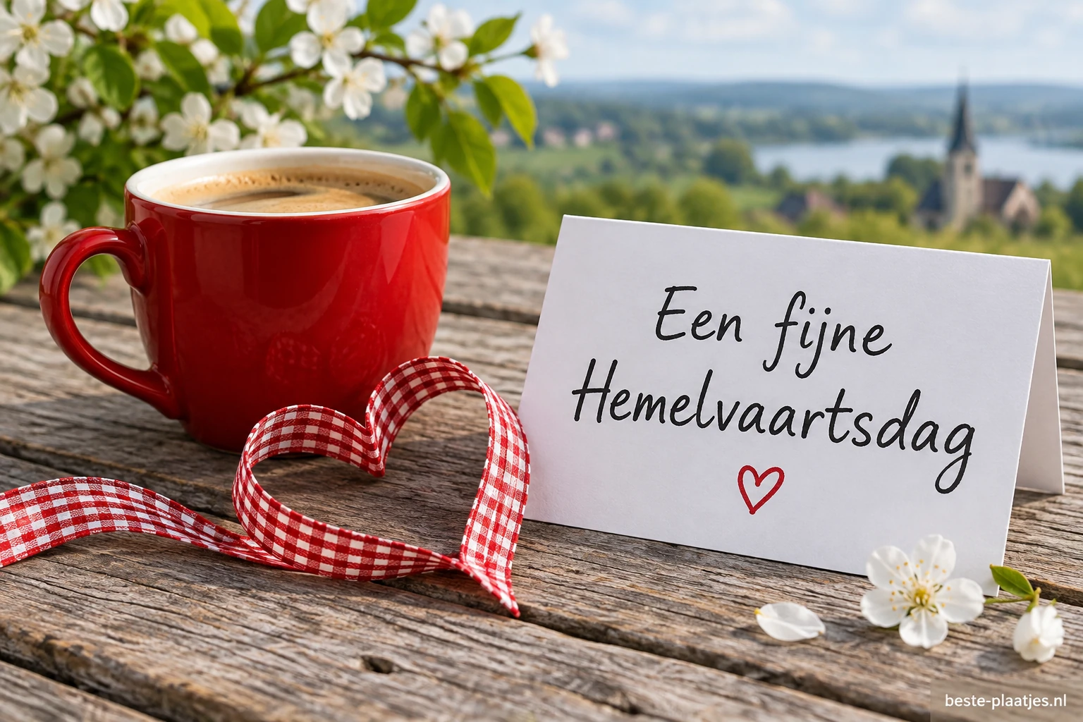 Een rode koffiekop staat bij een wenskaart en een rood-wit lint op een houten tafel.