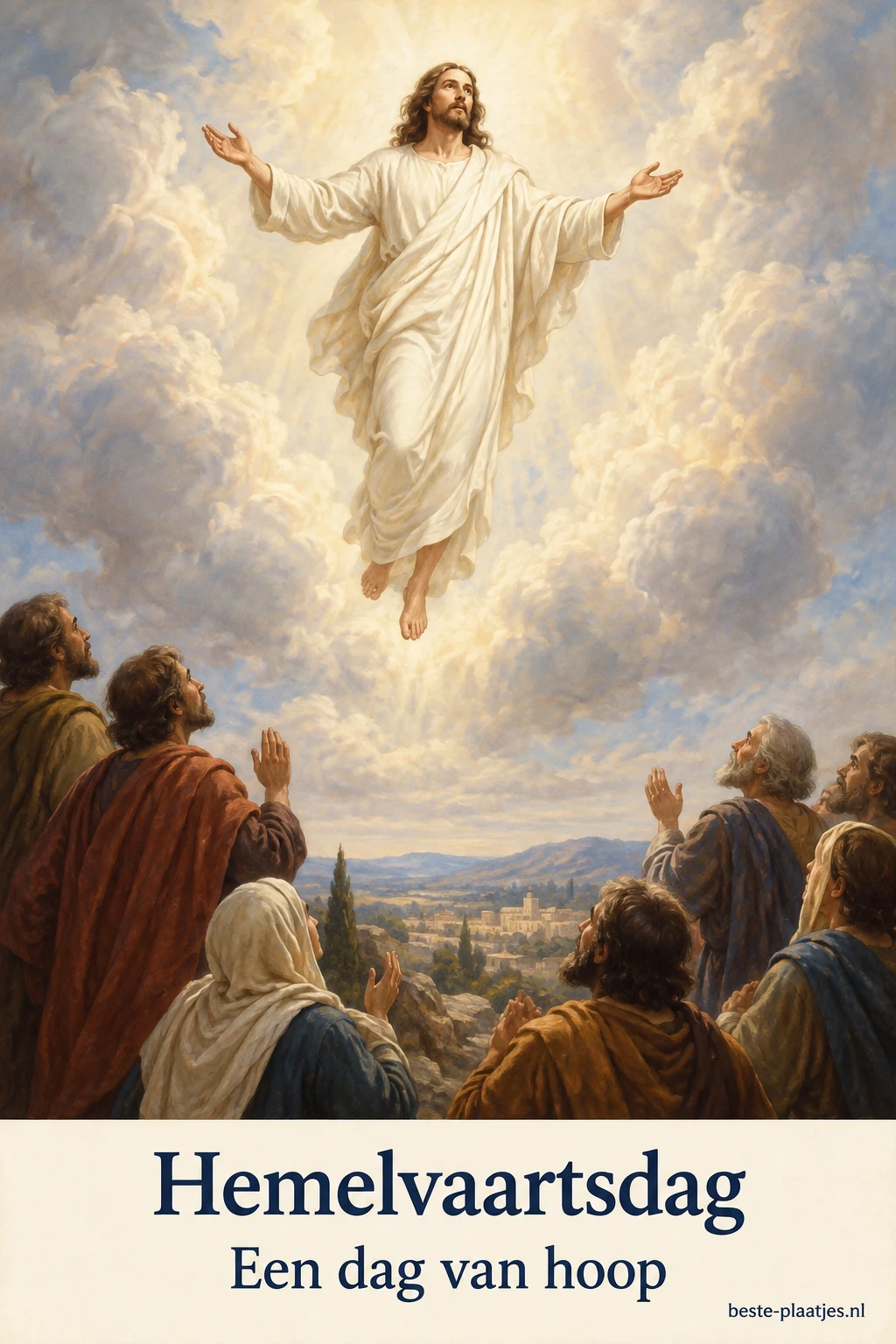 Een geschilderde hemelvaart toont Jezus boven wolken met enkele omstanders beneden.