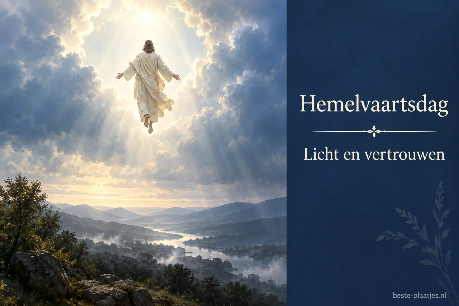 Een figuur in een lichte mantel stijgt tussen wolken boven een stil berglandschap.