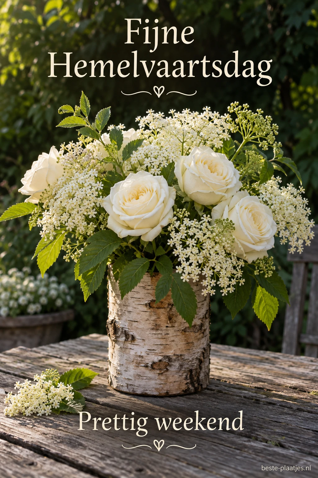 Witte rozen en vlierbloesem staan in een vaas van berkenbast op een buitentafel.
