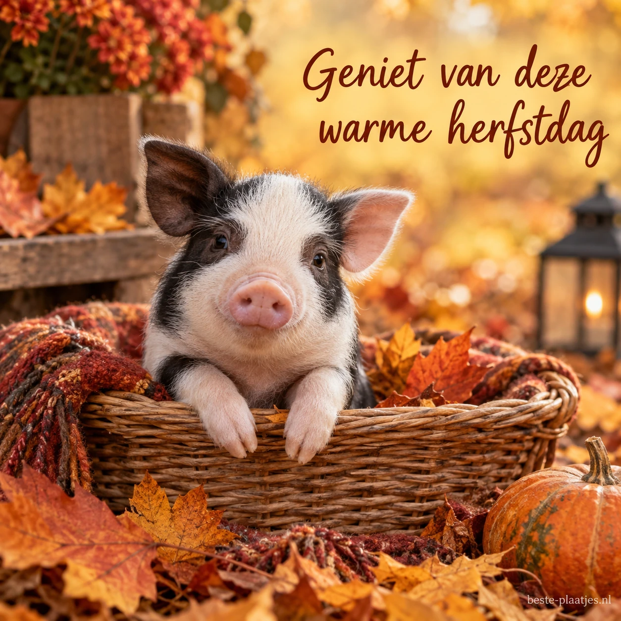 Een klein gevlekt biggetje zit in een rieten mand tussen herfstbladeren.
