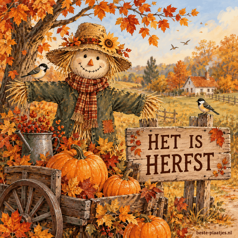 Een vogelverschrikker staat bij een wagen met pompoenen en een houten herfstbord.