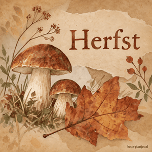 Een waterverfkaart toont twee paddenstoelen en een groot gevallen blad op warm papier.