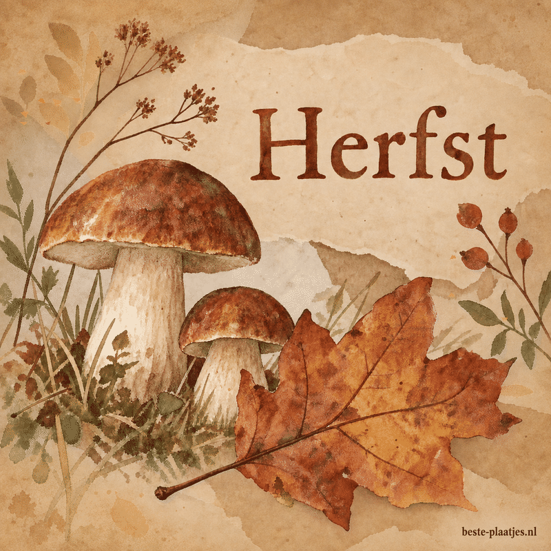Een waterverfkaart toont twee paddenstoelen en een groot gevallen blad op warm papier.