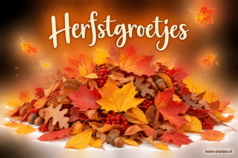 Een hoop kleurrijke bladeren, bessen en eikels vormt een warme herfstgroet.