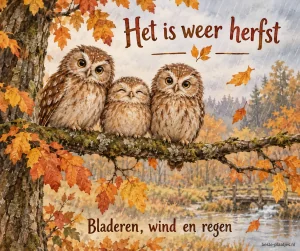 Drie jonge uilen zitten op een tak terwijl herfstbladeren door de regen waaien.
