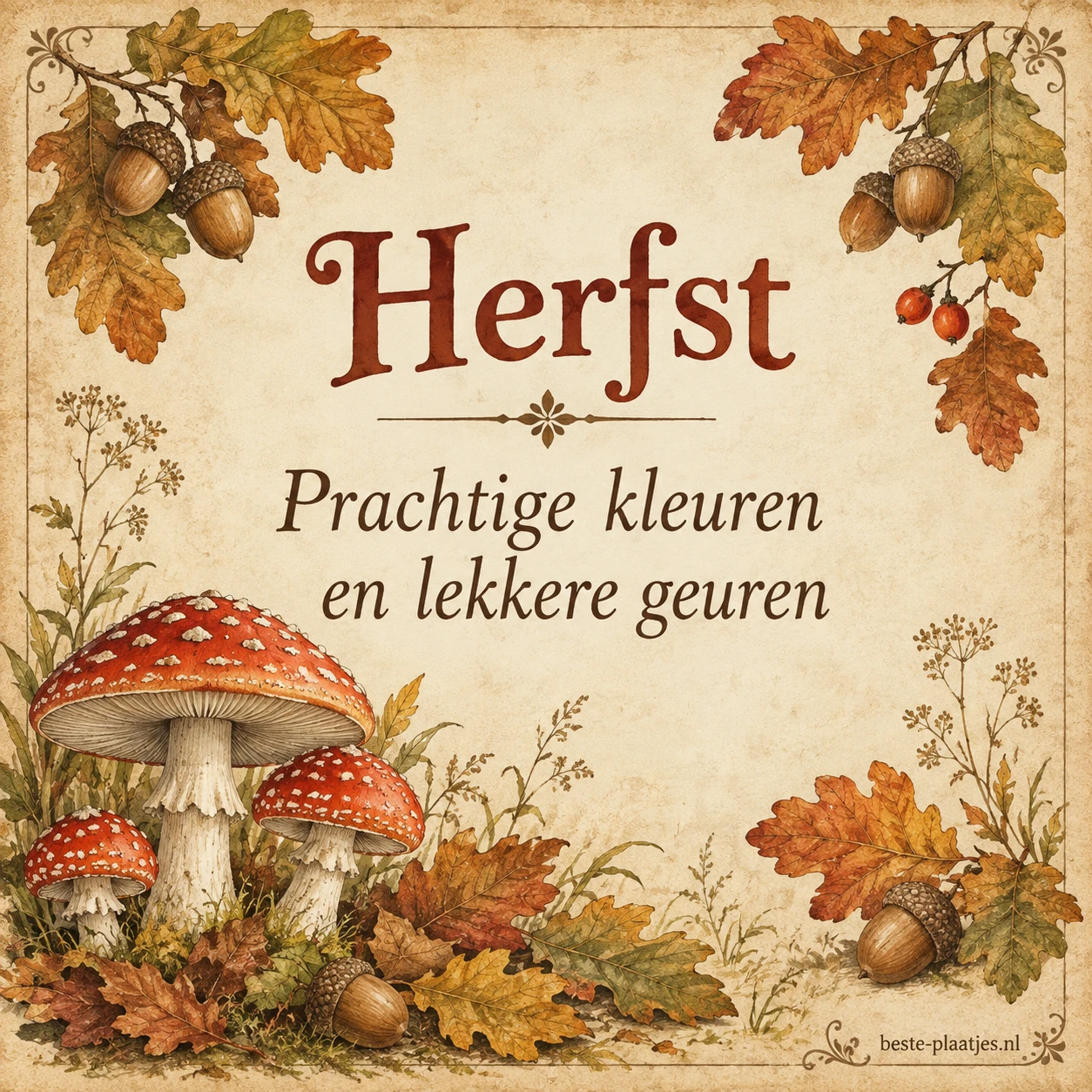 Een klassieke waterverfkaart toont paddenstoelen, eikels en herfstbladeren.