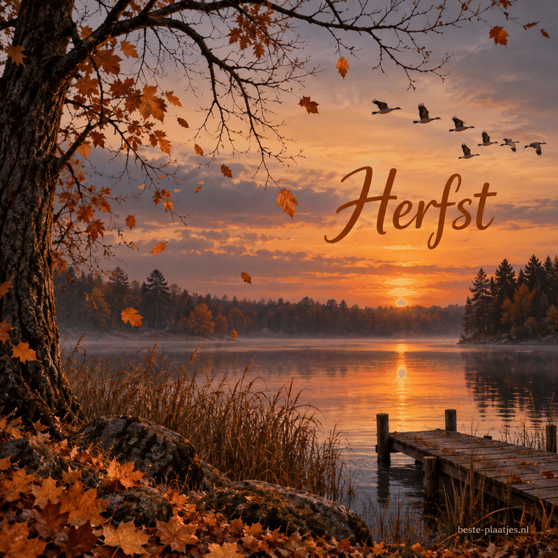 Ganzen vliegen boven een stil meer bij een oranje herfstzonsondergang.