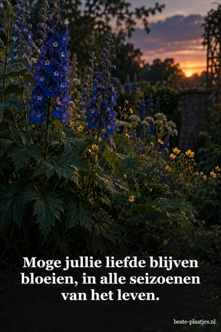 Indigoblauwe riddersporen en kleine gele bloemen groeien bij zonsondergang.