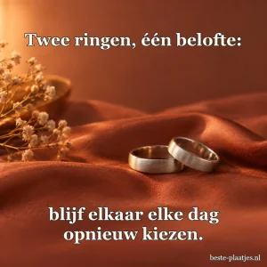 Twee zilveren trouwringen liggen op warm terracotta satijn.