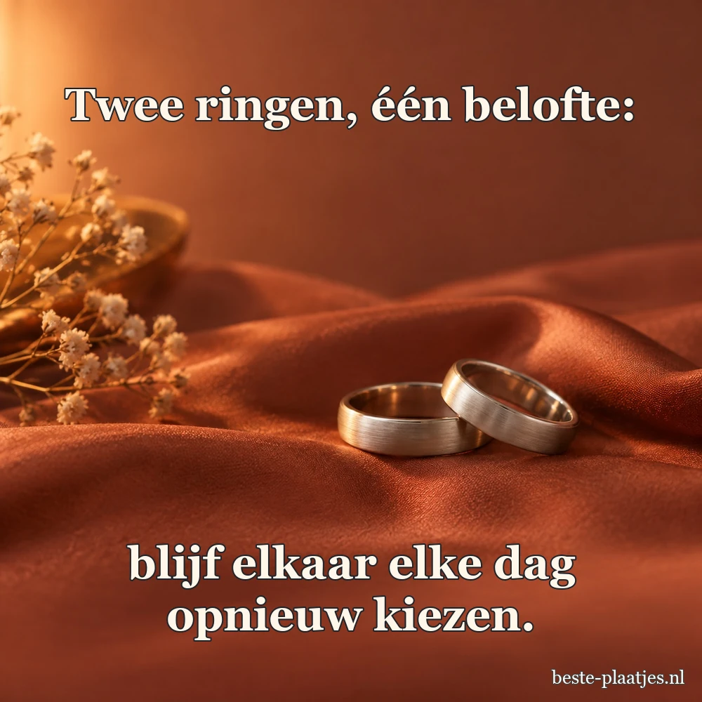 Twee zilveren trouwringen liggen op warm terracotta satijn.