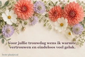 Koraalkleurige dahlia’s, cosmea’s en lila bloemen omlijsten licht papier.