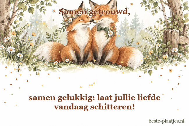 Twee aquarelvossen in trouwkleding zitten onder veldbloemen.