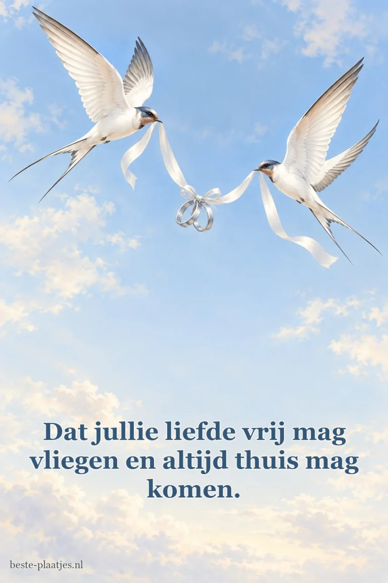 Twee zwaluwen vliegen boven een zachte blauwe lucht met zilveren ringen.