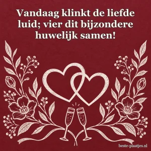 Bordeauxrood lijnwerk toont bloemen, harten en twee feestglazen.