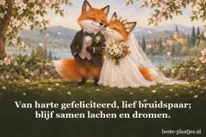 Twee trouwvossen poseren met een boeket onder bloeiende takken.