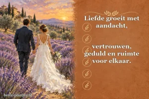 Een geschilderd bruidspaar loopt door lavendel naast een terracottakleurig tekstvlak.