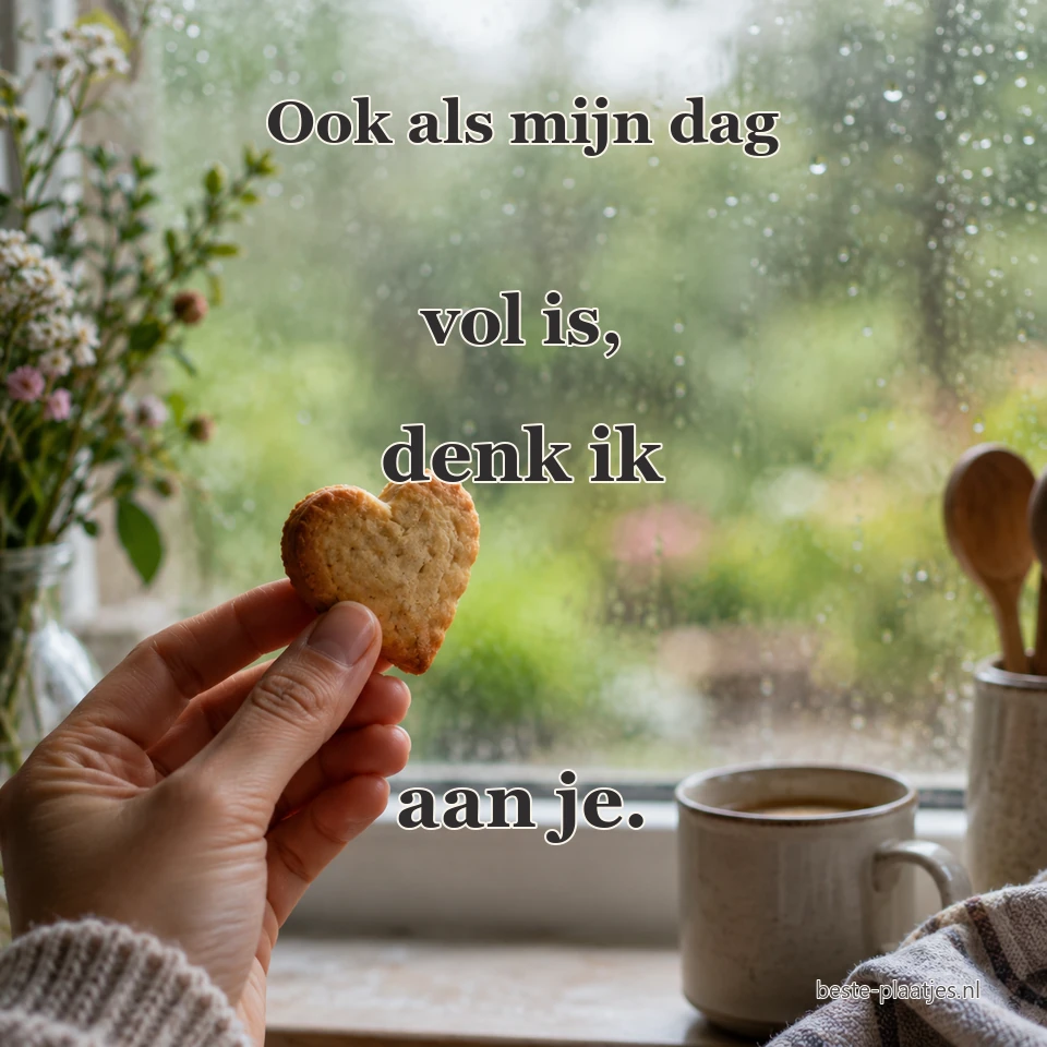 Een hand houdt een hartvormig koekje bij een regenachtig raam en een warme kop thee.