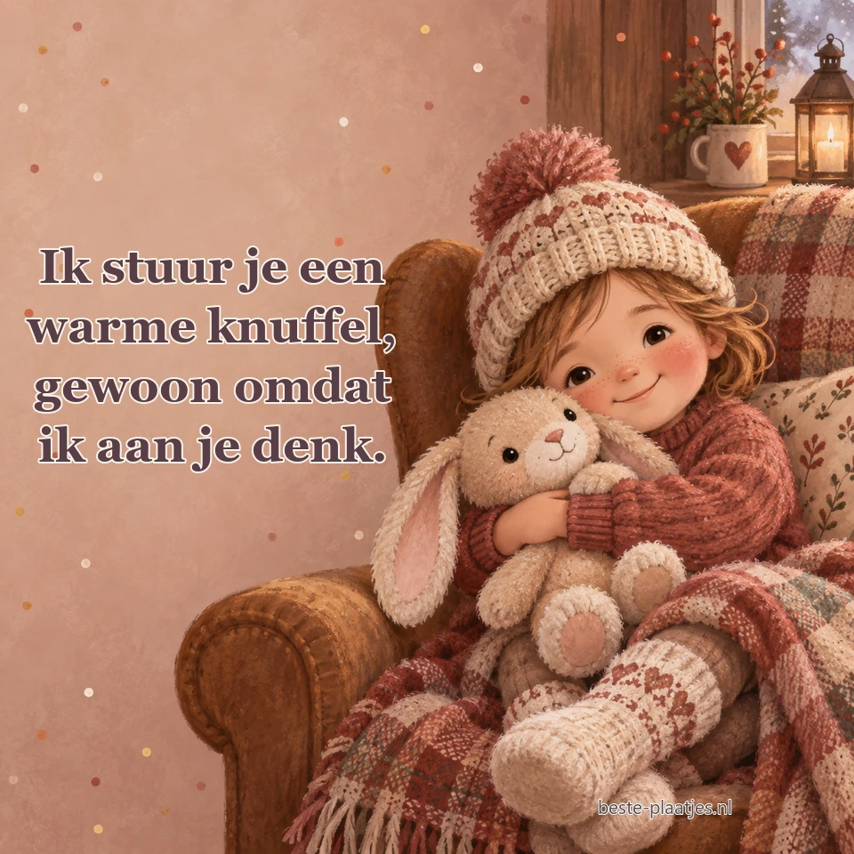 Een kind met muts knuffelt een pluchen konijn in een gezellige stoel.