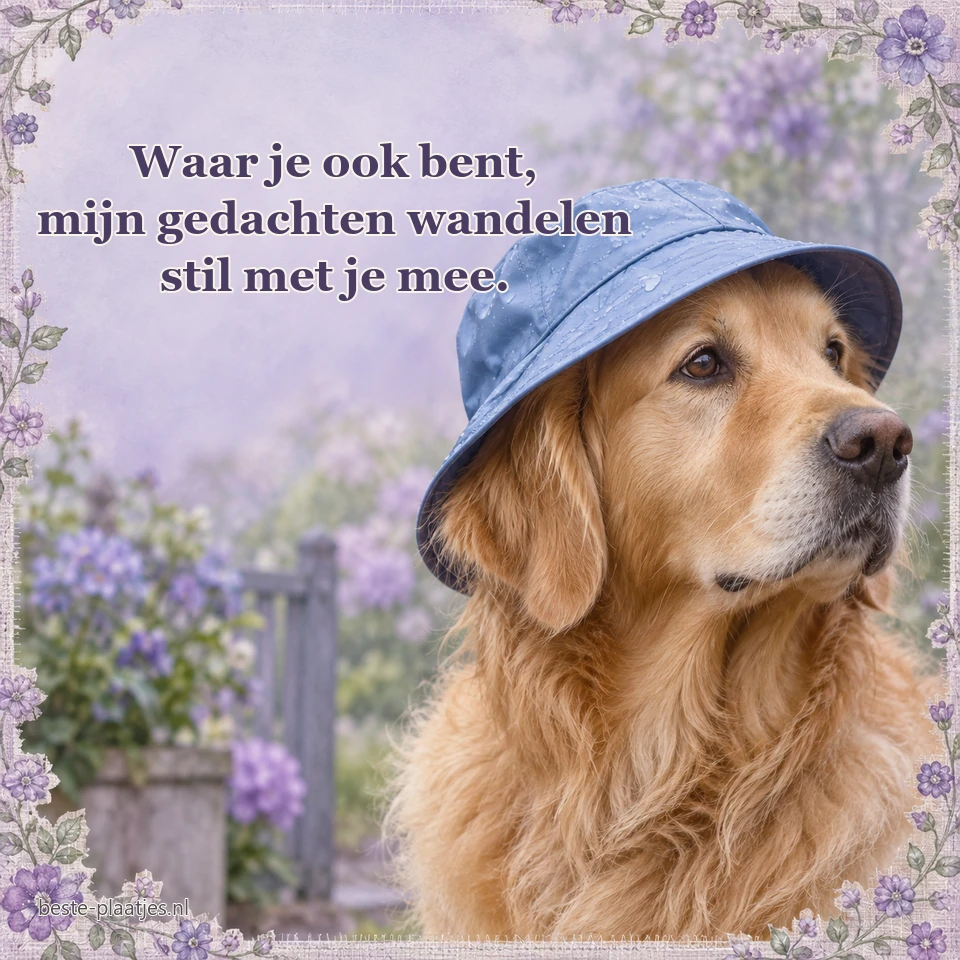 Een golden retriever met blauwe regenhoed kijkt aandachtig opzij in een bloementuin.