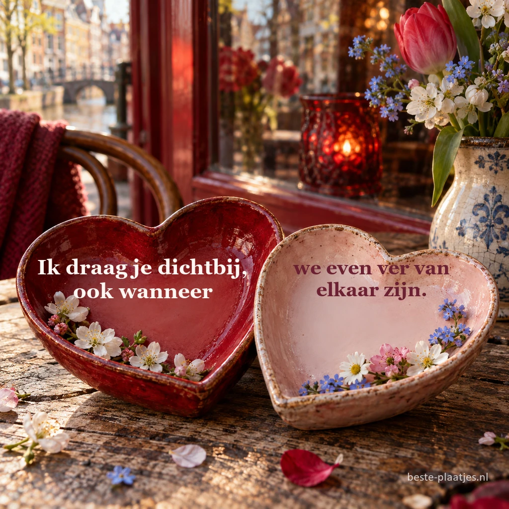 Twee keramische hartschaaltjes met voorjaarsbloemen staan op een cafétafel.