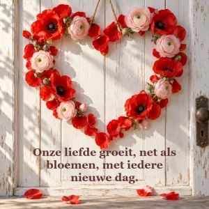 Een bloemenhart hangt aan een witgekalkte deur in zacht zonlicht.