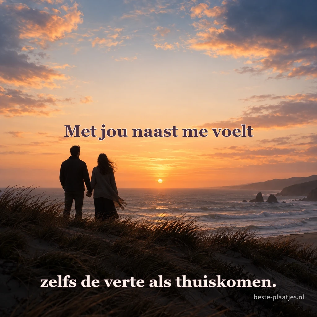Een stel houdt elkaars hand vast op een duin bij zonsondergang.