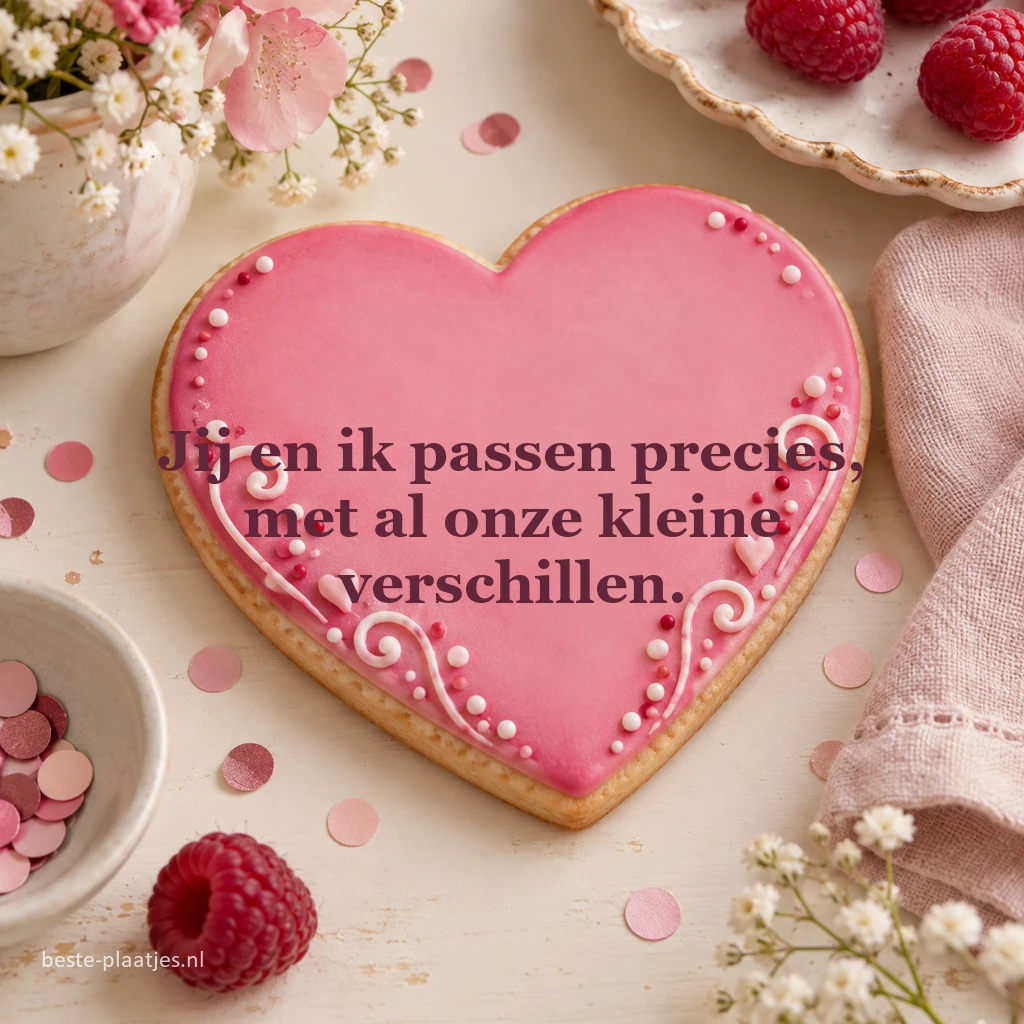 Een hartvormig koekje ligt met confetti op een linnen tafelkleed.