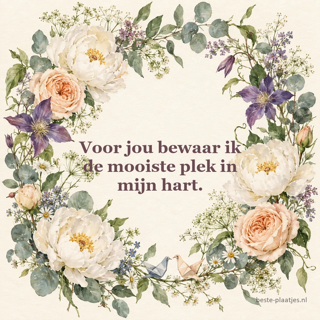 Een losse krans van tuinbloemen en origamivogels omlijst wit papier.