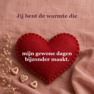 Een gestikt rood vilten hart rust op zachtroze linnen.